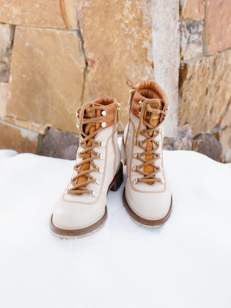 Bride's snow boots for her snowy Sun Valley Wedding
