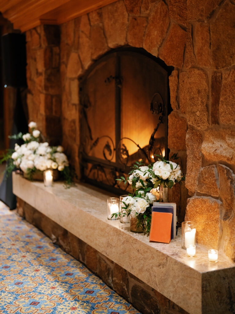 fireplace and florals for Sun Valley Club Intimate Wedding