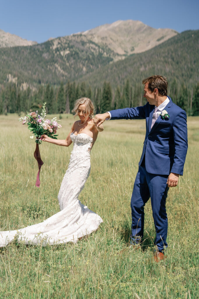 A Groom twirls his bride at Sun Valley's Galena Lodge in Ketchum