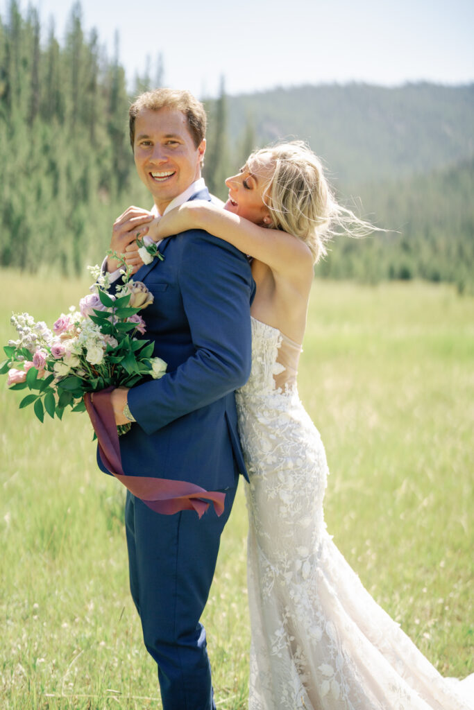 A Bride embraces the   Groom   at Sun Valley's Galena Lodge in Ketchum