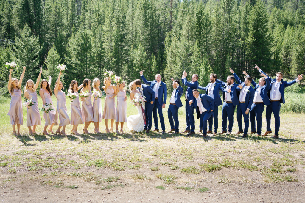 Bridal party of 18 in Sun Valley's Galena Lodge Wedding in Idaho