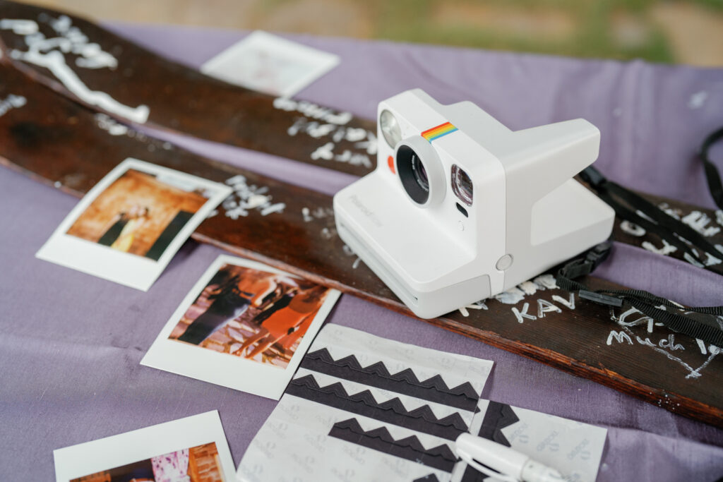 Polaroids and skis for wedding guest book at this Sun Valley Wedding